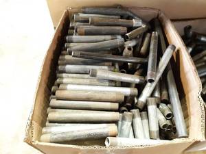 lot 734 image: Huge Lot of 38 NPT Galvanized Pipe Nipples 1 to 6 - Box weighs about 88 LBS