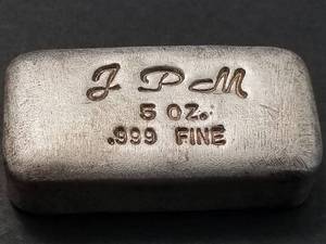 lot 09 image: 5 TROY OZ. .999 FINE SILVER BAR VINTAGE HAND POURED JPM LOAF