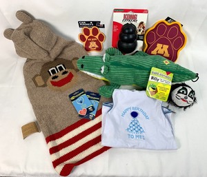 lot 17 image: Size XXL Dog Wool Sweater, BD Tank Shirt, Lg. Gator Toy, XXL Kong Extreme Toy and More