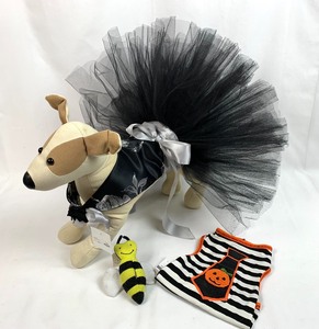 lot 29 image: Size M Girl Dog Avery Black Tutu, Halloween Tank Shirt and Toy