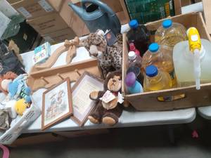 lot 71 image: Assorted Lot with Kitchen Cooking Oils, Misc Cleaners, Wood Shelf, Pictures, watering can and misc stuffed toys.