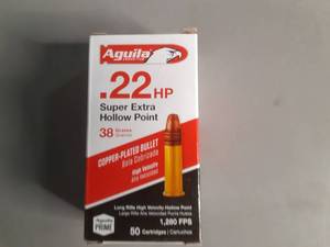 lot 19 image: Aguila Ammunitions .22HP Super Extra Hollow Point High Velocity Long Rifle Cartridges Copper-Plated Bullets 38 grain, 50 rounds