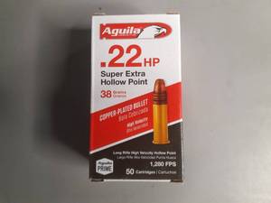 lot 20 image: Aguila Ammunitions .22HP Super Extra Hollow Point High Velocity Long Rifle Cartridges Copper-Plated Bullets 38 grain, 50 rounds
