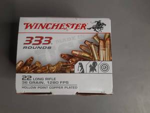 lot 26 image: Winchester Ammunition 22 Long Rifle 36 grain 1280FPS Hollow Point Copper Plated 333 rounds