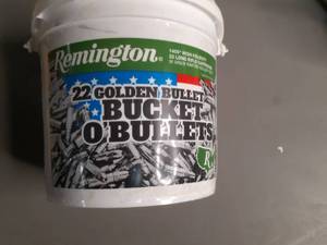 lot 28 image: Remington 1400 High Velocity 22 Long Rifle Cartridges 36 grain Rimfire Hollow Point Golden Bullet Bucket O Bullets