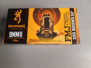 lot 29 image: Browning Ammunition 9MM Luger 115grain Training & Practice Full-Metal Jacket 100 Round Value Pack