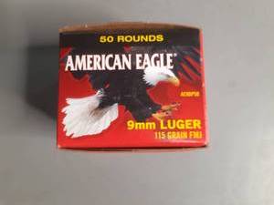 lot 33 image: Federal Ammunition American Eagle 9MM Luger 115 grain FMJ 50 centerfire Pistol Cartridges