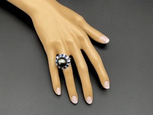 lot 3 image: Exquisite Tahitian Pearl, Natural Sapphire, and Diamond Statement Ring in 18k White Gold $12,500 Retail VIDEO