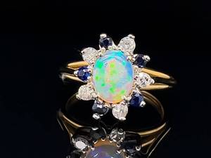 lot 27 image: Beautiful Natural Opal, Sapphire, and Diamond Estate Ring in 14k Yellow Gold $2,500 Retail VIDEO