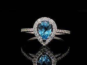 lot 41 image: Brand New 1.00 Carat Pear Cut Blue Topaz and Diamond Halo Ring in 14k White Gold $1,299 Retail VIDEO