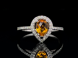 lot 48 image: Brand New Natural Golden Citrine and Diamond Halo Ring in 14k White Gold $1,250 Retail VIDEO