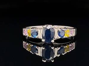 lot 71 image: .89 Carat Blue, Yellow, and Pink Sapphire Estate Ring VIDEO