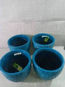 lot 40 image: Fairfield 12 in. W x 10.4 in. H Teal Patina Resin Decorative Planter by Grosfillex- set of 4