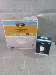 lot 55 image: 13 in. White Flush Mount with Frosted Glass Shade & Bronze Outdoor Entry and Patio Light Sconce- open box not used
