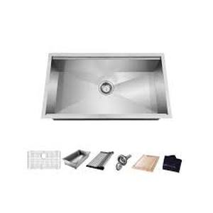 lot 87 image: All-in-One Undermount Stainless Steel 30 in. Single Bowl Kitchen Workstation Sink with Accessories Kit by Glacier Bay- open box not used