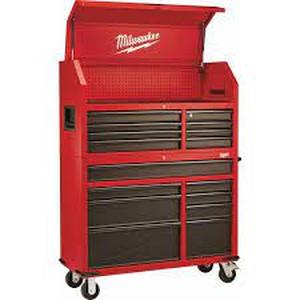 lot 104 image: 46 in. 16-Drawer Steel Tool Chest and Rolling Cabinet Set, Textured Red and Black Matte by Milwaukee- not inspected