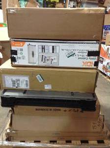 Large lot of shelves and cabinets open box some damaged customer returns see pictures