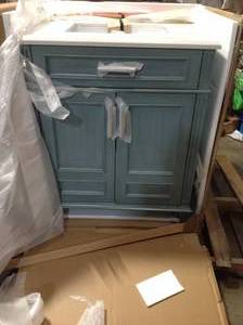 Home Decorators Highgate 30 in. W x 22 in. D Vanity in Antique Manhattan Blue with Cultured Marble Vanity Top in White with White Basin not used Retails $949