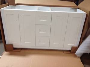 Hawthorne 60 in. W x 21-34 in. D Double Bowl Vanity Cabinet in Linen White not used see pictures