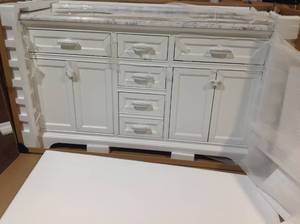 Home Decorators Windlowe 61 in. W x 22 in. D x 35 in. H Bath Vanity in White with Carrera Marble Vanity Top in White with White Sink not used