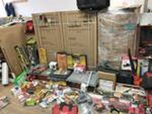 Pallet OF ASSORTED TOOLS HARDWARE , AND GARAGE OVERHEAD RACKS Customer Returns see pictures