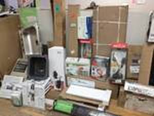 Pallet with assorted Items - Solar Powered Roof Vent, Sinks, Hardware and more see pictures