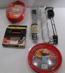 lot 442 image: Lot of BBQ Grilling Items - Spatula, Tongs, Plates, Grill Scraper, Basting Brush