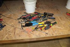 lot 1078 image: Hand Tools (in bucket)  with Stapler, Wire Cutters, Screwdrivers, Pliers, Crescent Wrenches, Locking Pliers, Misc. Hand Tools
