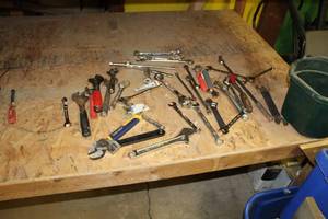 lot 1095 image: Hand Tools (in bucket)  with Wrenches, Crescent Wrenches, Ratchet Extension