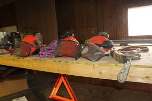 lot 1133 image: Safety Equipment  with Hard Hats with Face Shield, Spider Rope with Hook Clasp End, Ear Mufflers
