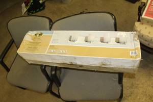 lot 1165 image: Hampton Bay Wellman Polished Nickel Vanity Fixture 4 Light Etched White Shade 30-12Wx5Dx 6-12H (in box)