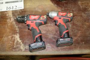 lot 1609 image: Lot of (2) Milwaukee 12V Cordless Power Tools  with DrillDriver 38 2407-20, Impact Wrench 14 Hex 2462-20, Batteries (x2)