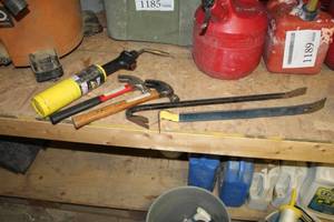 lot 1615 image: Lot of (5) Hand Tools  with Pry Bars (x2), Hammers (x2), Torch (x1)