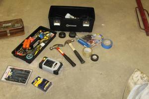 lot 1614 image: Plastic Tool Box Black 20Lx10Wx10H  with Hand Tools (many new)