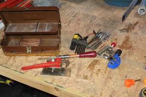 lot 1617 image: Metal Tool Box Red 13Lx7Wx5H  with Hand Tools - Pipe Wrench, Hex Set, Screwdriver, Misc. Tools