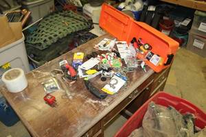 lot 1619 image: Plastic Tool Box Orange 14Lx8Wx7H  with Hand Tools, Misc. Hardware