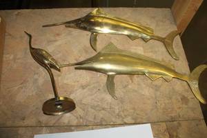 lot 1676 image: Lot of (3) Metal Wall Dcor  with Marlin 18x7 (x2), Stork 11H (x1)