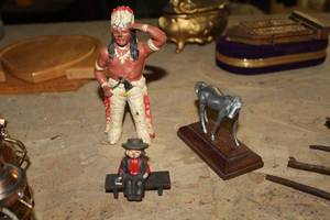 lot 1675 image: Lot of (3) Metal Figurines  with Indian, Horse, Boy on Bench