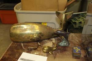 lot 1666 image: Lot of (4) Metal Table Figurines  with Large Whale 16Lx5Wx7H, 2 Small Whales, Dolphin