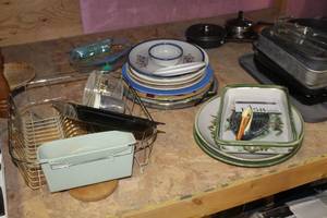 lot 1658 image: Lot of (Approximately 14) Kitchenware  with Serving Trays, Serving Plates, Serving Pan, Kitchen Sink Dish Dryer Rack, Misc. Kitchenware