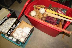 lot 1687 image: Lot of Baseball Equipment  with Bats, Balls, Gloves, Catcher Mitt, Catcher Pads, Catcher Helmet