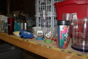 lot 1664 image: Lot of Dishware (in plastic basket)  with Cups, Pitchers, Bowls