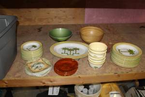 lot 1663 image: Lot of (Approximately 36) Palm Tree Dish Set  with Serving Platter, Dinner Plates, Salad Plates, Saucers, Bowls, Red Plates, Wood Serving Bowl
