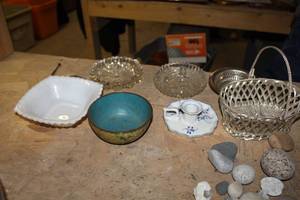 lot 1699 image: Lot of (7) Decorative Table Dishes  with Metal Basket, Ceramic Bowl, Glass Bowls, Ceramic Candleholder