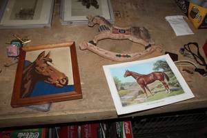 lot 1705 image: Lot of (3) Horse Wall Dcor  with The American Quarter Horse by Orren Mixer, Wood Framed Horse, Wood Rocking Horse