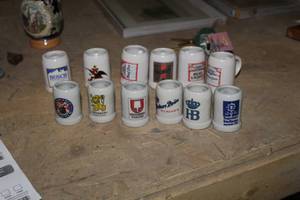 lot 1708 image: Lot of (12) Beer Stein Shot Glasses  with Busch, Bud, Bud Dry, HB, Spatenbrau Munchen, Lowenbrau Munchen, Psdorr Brau Munchen
