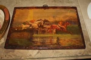 lot 1716 image: Horse Races On Wood  Wall Dcor 14-12Wx10H