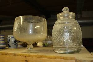 lot 1728 image: Lot of (2) Glassware  with Stem Glass 8Dx12H, Glass Jar with Lid 10Dx9H