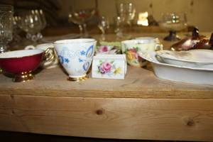 lot 1730 image: Lot of (12) Ceramic Table Dcor  with Cups, Plates, Platters, Serving Bowls, Napkin Holders