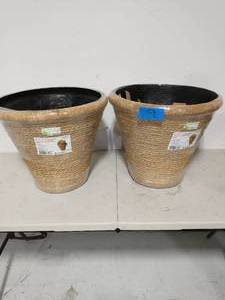 2 21.75 in. White Washed Beige Composite Round Nesting Faux Woven Pot